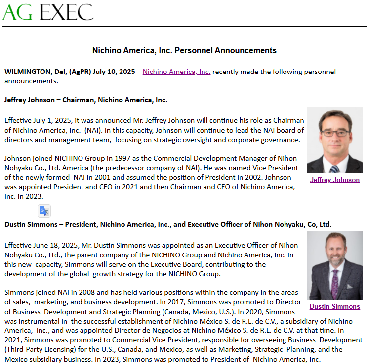 AgEXEC (@agexec) on Twitter photo AgEXEC: Nichino America, Inc. Personnel Announcements. <a href="/NichinoAmerica/">Nichino America</a> #cropprotection #agriculture #leadership agnewscenter.com/archives.cfm?n… via AgPR.com <a href="/agnewscenter/">agnewscenter AgPR</a> (agnewscenter.com/archives.cfm?n…) AgEXEC: Nichino America, Inc. Personnel Announcements. <a href="/NichinoAmerica/">Nichino America</a> #cropprotection #agriculture #leadership agnewscenter.com/archives.cfm?n… via AgPR.com <a href="/agnewscenter/">agnewscenter AgPR</a> (agnewscenter.com/archives.cfm?n…)