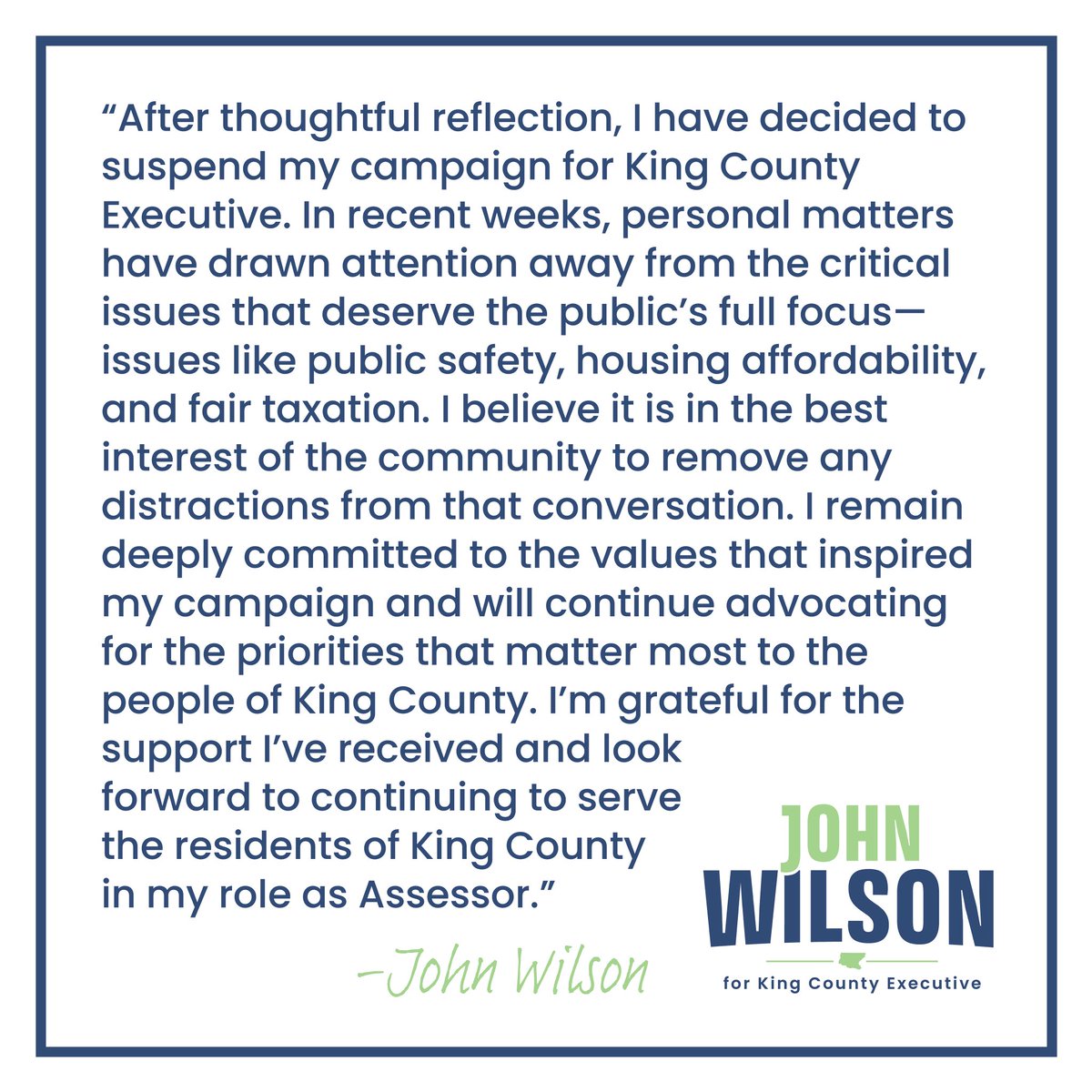 wilsonforexec's tweet photo. King County Assessor John Wilson issued the following statement suspending his campaign for King County Executive. https://t.co/OgBdmz7JMY