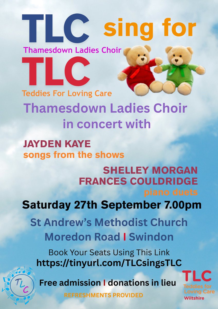 Wiltshire Freemasons, families, and friends won't want to miss this great musical event.  TLC sing for TLC - yes Thamesdown Ladies Choir raising funds for Teddies For Loving Care.  Book online today at tinyurl.com/TLCsingsTLC enjoy the music and make a donation <a href="/pgm_pglwilts/">ProvGMWiltshire</a>