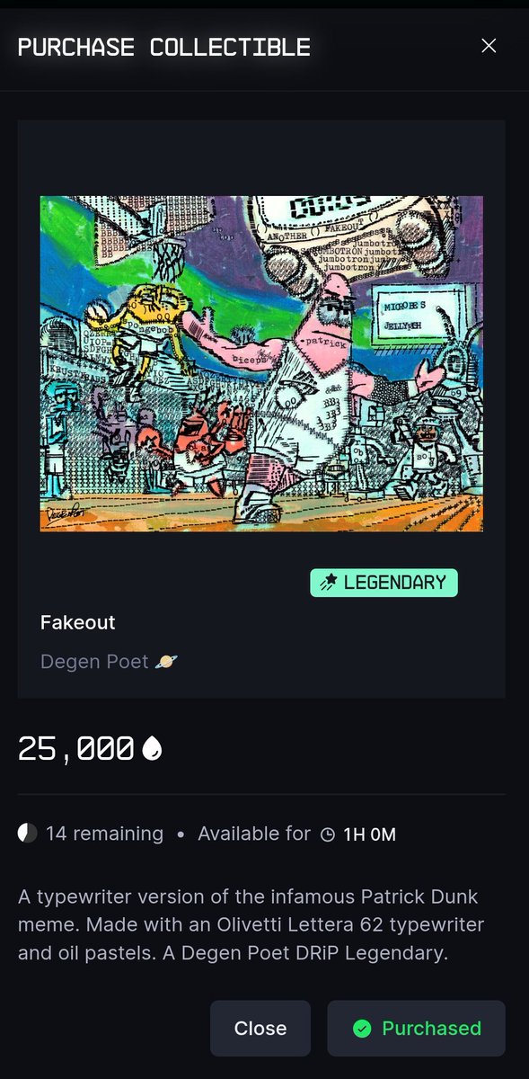 Just added 💧 25000 Droplets to my <a href="/drip_haus/">DRiP 💧</a> profile 👀 Had to get that Degen Poet Legendary 🤩