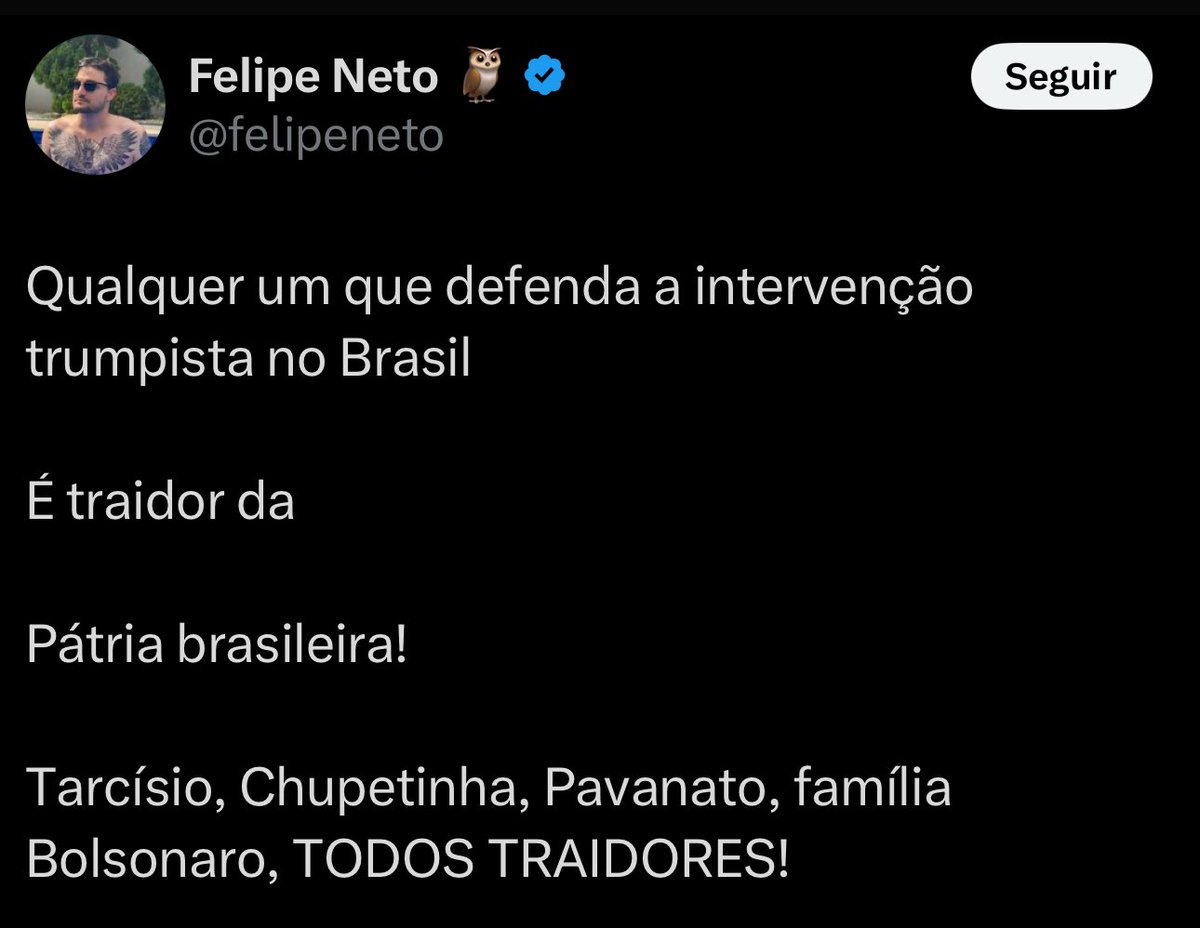 Não sou patrocinado por BET que ajuda meu povo a empobrecer.

Não recebo R$ 14 milhões de isenção do governo por ser amigo do presidente.

Não defendi taxação nenhuma, igual ao que você fez com a taxa da Shein, Shopee etc.

Quem é traidor da pátria é quem ajuda a empobrecer o