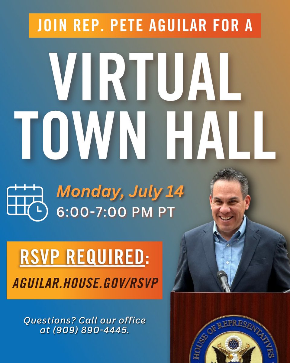 RepPeteAguilar's tweet image. I’m hosting a Virtual Town Hall on Monday, July 14th at 6 PM PT, and I hope you’ll join me.
Visit aguilar.house.gov/RSVP to RSVP and receive the Zoom link!
