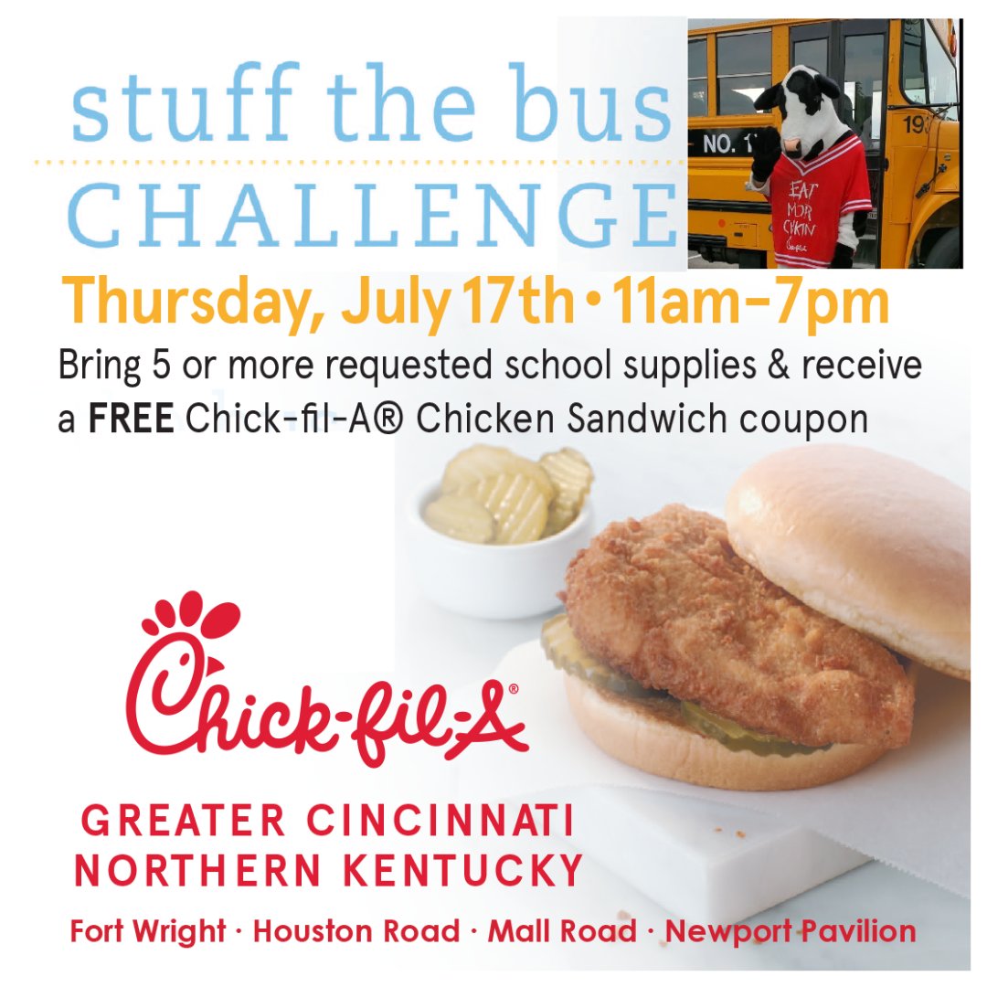 We ❤️  our NKY schools! Chick-fil-A's Annual NKY Stuff The Bus Challenge is Thursday July 17th. Donate 5 school supplies for a Chicken Sandwich reward. See stores for details. While supplies last.