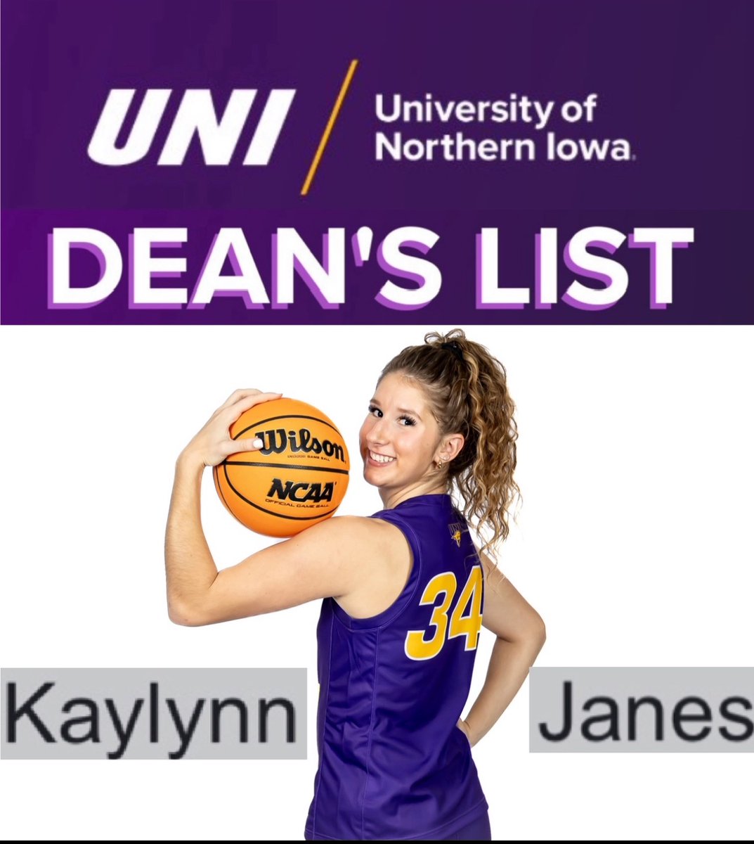 So proud of my Kaylynn <a href="/kaylynnjanes_34/">Kaylynn Janes ☆ “KJ”</a> on making the Dean’s List both semesters of her first year at college at the University of Northern Iowa. <a href="/UNIwbb/">UNI Women’s Hoops</a>