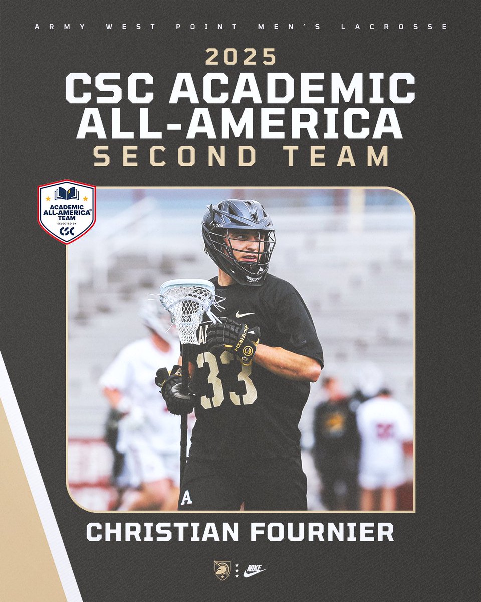 ArmyWP_MLax's tweet image. Put your hands together for Fournier 👏👏👏
Our guy Christian earned the nod to the 2025 @CollSportsComm Academic All-America Second Team for his work on the field and in the classroom this season 😤
#GoArmy | #FamilyToughnessTradition