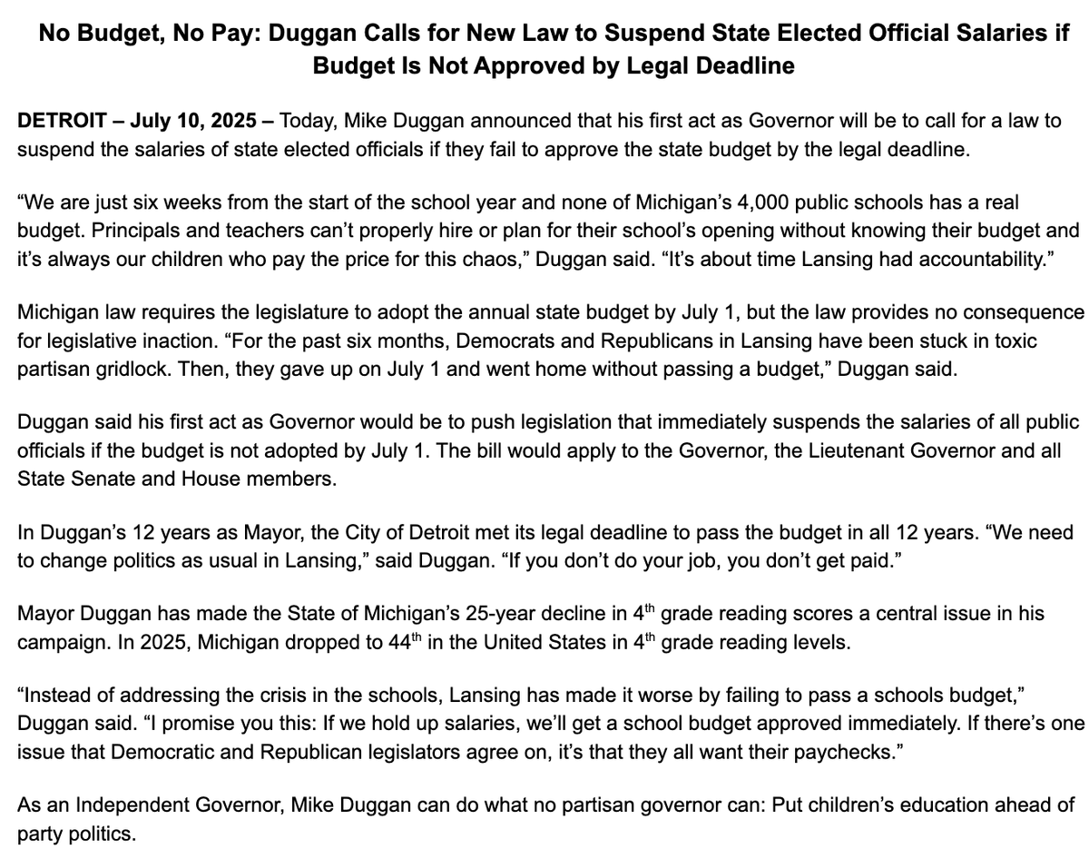 jonathanoosting's tweet image. Michigan legislators missed a July 1 budget deadline written into state law. Today, gubernatorial candidate Mike Duggan said he wants a law to suspend salaries "of all public officials" if it happens again under his watch.