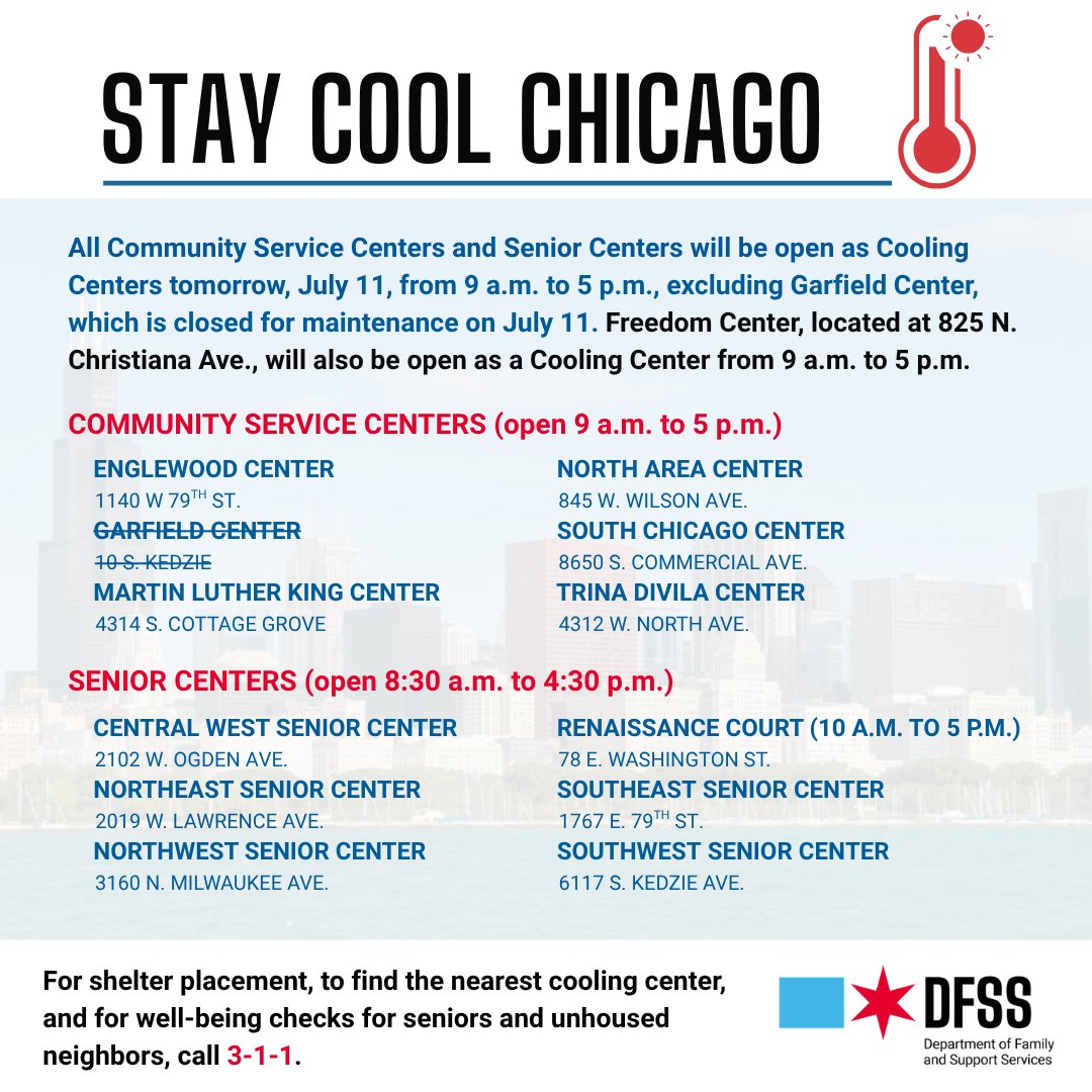 ChiFamSupport's tweet image. All Community Service Centers and Senior Centers will be open as cooling centers tomorrow except for Garfield Center, which will be closed for maintenance.
Freedom Center (825 N. Christiana Ave.) will also be open for cooling from 9 a.m. to 5 p.m.
More: bit.ly/4nIVnt9