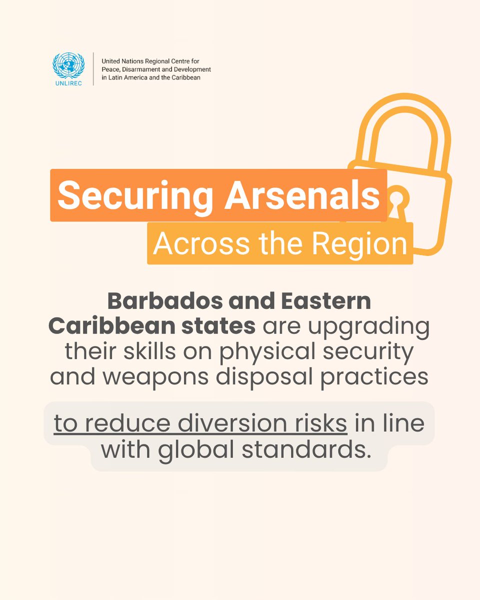 UNLIREC's tweet image. 🧰 Secure arsenals help build safer communities

Next week, officials from 🇧🇧 Barbados and the Eastern Caribbean will participate in the Armory Management Course in 🇬🇩Grenada.

📲 Swipe to see how Caribbean States are stepping up.

Organized with @GNDPOLICEFORCE | Funded by 🇺🇸