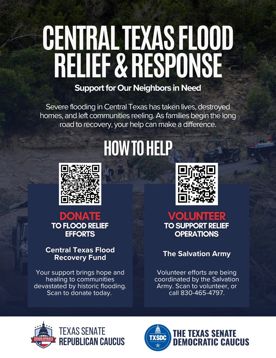 DonnaCampbellTX's tweet image. The Texas Senate Republican Caucus and the Texas Senate Democratic Caucus stand united in support of Central Texas flood victims. Together, we’re asking Texans to come alongside our neighbors as they begin the road to recovery. #TxLege #TexasFloodRelief