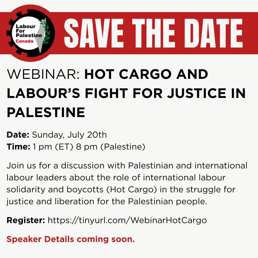 PalestineLabour's tweet image. 📣: SAVE THE DATE
Join Labour for Palestine for a discussion with Palestinian and international labour leaders about the role of international labour solidarity and boycotts (Hot Cargo) in the struggle for justice & liberation for the Palestinian people.
Link in our bio.