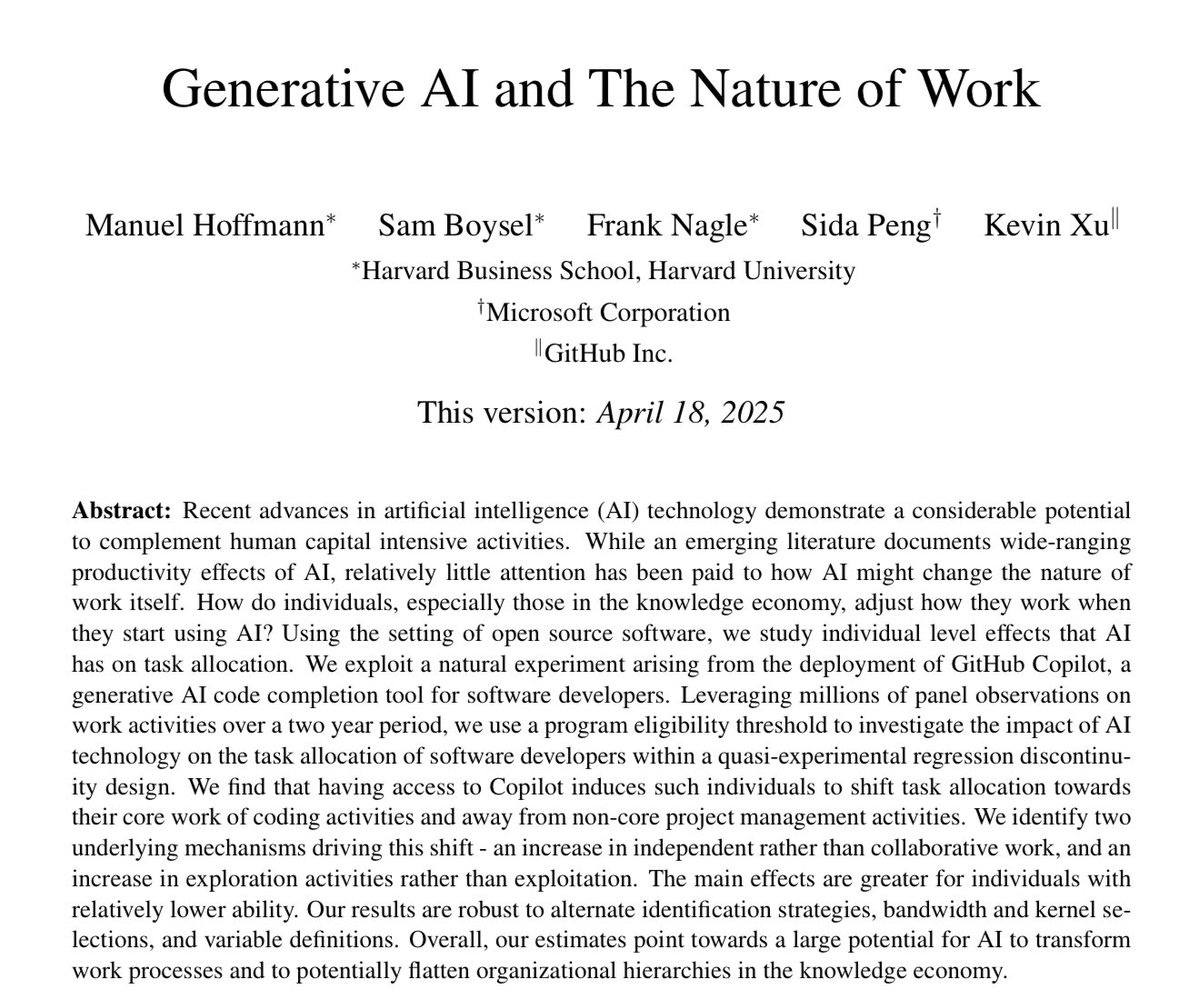 This large study of 187k developers using GitHub Copilot finds AI transforms nature of coding.

Coders focus: more coding &amp; less management. They need to coordinate less, working with fewer people

They experiment more with new languages, which would increase earnings $1,683/year