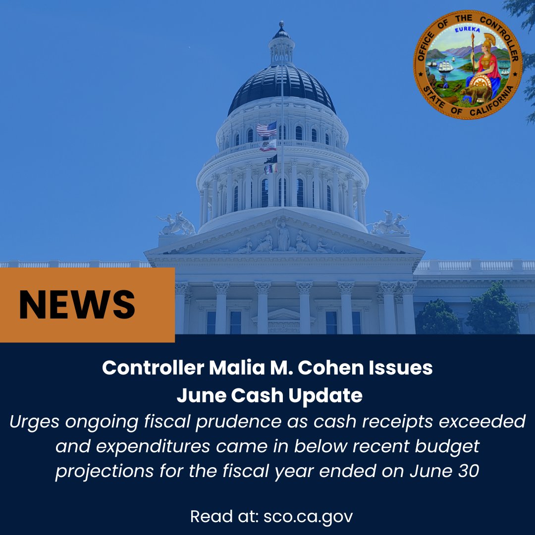 State Controller Malia M. Cohen released her monthly cash report covering the state’s General Fund revenues, disbursements and actual cash balance for the fiscal year through June 30, 2025. To read the full news release, visit: sco.ca.gov/eo_pressrel_26…