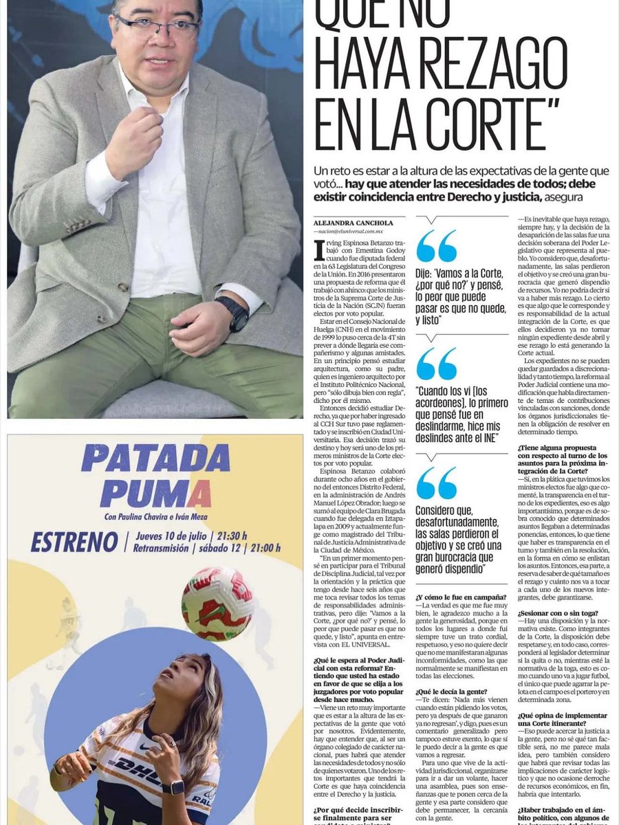 Irving Espinosa B (@irvingespinosa_) on Twitter photo Les comparto la entrevista que me hicieron en <a href="/ElUniversal/">El Universal</a> donde conversamos sobre la reciente elección para elegir a las personas juzgadoras y del próximo encargo que vamos a asumir con mucha responsabilidad este 1o de septiembre como ministro de la <a href="/SCJN/">Suprema Corte</a>
#JusticiaSINCorrupción Les comparto la entrevista que me hicieron en <a href="/ElUniversal/">El Universal</a> donde conversamos sobre la reciente elección para elegir a las personas juzgadoras y del próximo encargo que vamos a asumir con mucha responsabilidad este 1o de septiembre como ministro de la <a href="/SCJN/">Suprema Corte</a>
#JusticiaSINCorrupción