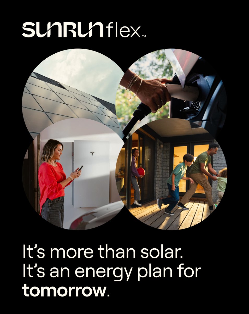 Sunrun's tweet image. Your needs are evolving. Your energy should too.
That’s why we created Sunrun Flex. Designed with the future in mind, every Sunrun Flex system is built to match your energy needs today, with enough capacity to grow with your needs tomorrow.
Visit sunrun.com/flex to…