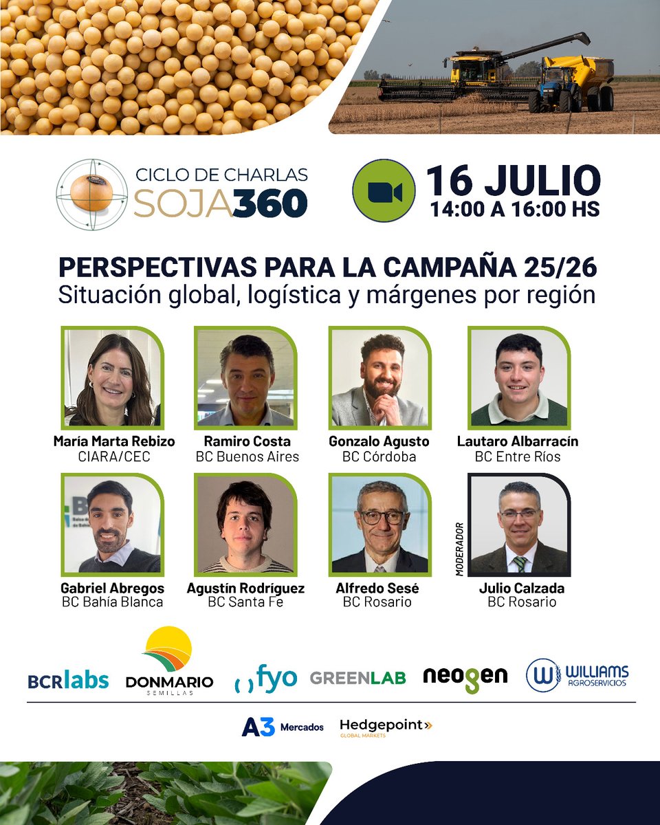 "Perspectivas para la campaña 25/26:
Situación global, logística y márgenes por región” por <a href="/ACSOJA_Arg/">ACSOJA 🌱</a>
Disertante: Maria Marta Rebizo, Gerente de Asuntos Económicos de CIARA-CEC. 
📅 16/07 📷 14 hs 📷shorturl.at/KkG8w 
📷 Ciclo de Charlas Virtuales👥