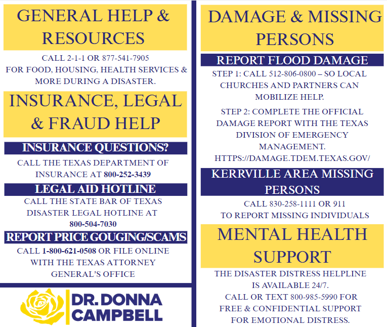 DonnaCampbellTX's tweet image. If you or someone you know needs help, please swipe through for important numbers and resources. This includes reporting damage, insurance support, and emotional or legal assistance. My office is praying for everyone impacted and working to connect residents with the help they…