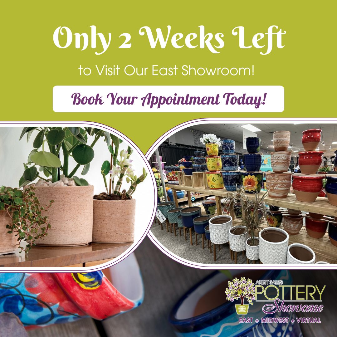 🏺 Pottery Showcase Countdown!
East Showcase: Just 2 weeks left to shop our unmatched pottery collection — July 13–15! Appointments are filling fast. Book now to get first pick from 100+ pallets!
#PotteryShowcase #ArettEvents #RetailAppointments