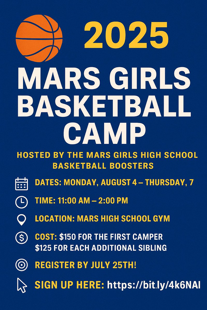 🏀 Mars Girls Basketball Camp is back! 💙💛
📅 Aug 4–7 | ⏰ 11–2 PM | 📍 Mars High School
👧 For rising 3rd–8th graders
💵 $150 (1st camper) | $125 (siblings)
📝 Register by July 25: bit.ly/4k6ENAl

Let’s go, Lady Planets! 🌠 

#MGYBA #GirlsHoops #MarsProud