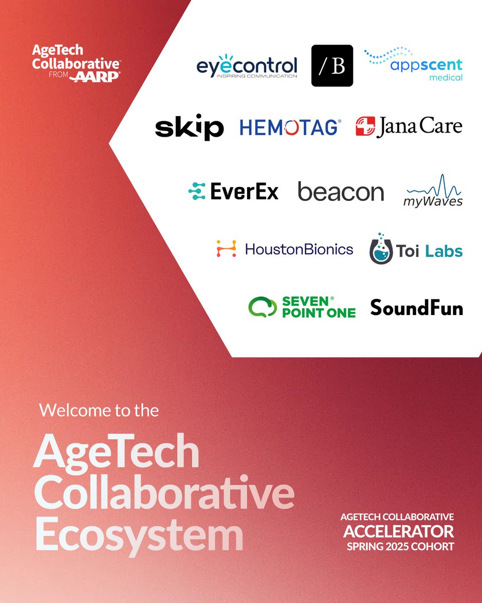 AgeTechCollab's tweet image. 🎓 Congrats to our Spring 2025 Accelerator graduates!
13 startups just joined @AgeTechCollab, building breakthrough solutions for healthier aging - from healthtech to caregiving tools.

Explore their innovations: agetechcollaborative.org
#SpringCohort2025 #AgeTech #StartupsToWatch