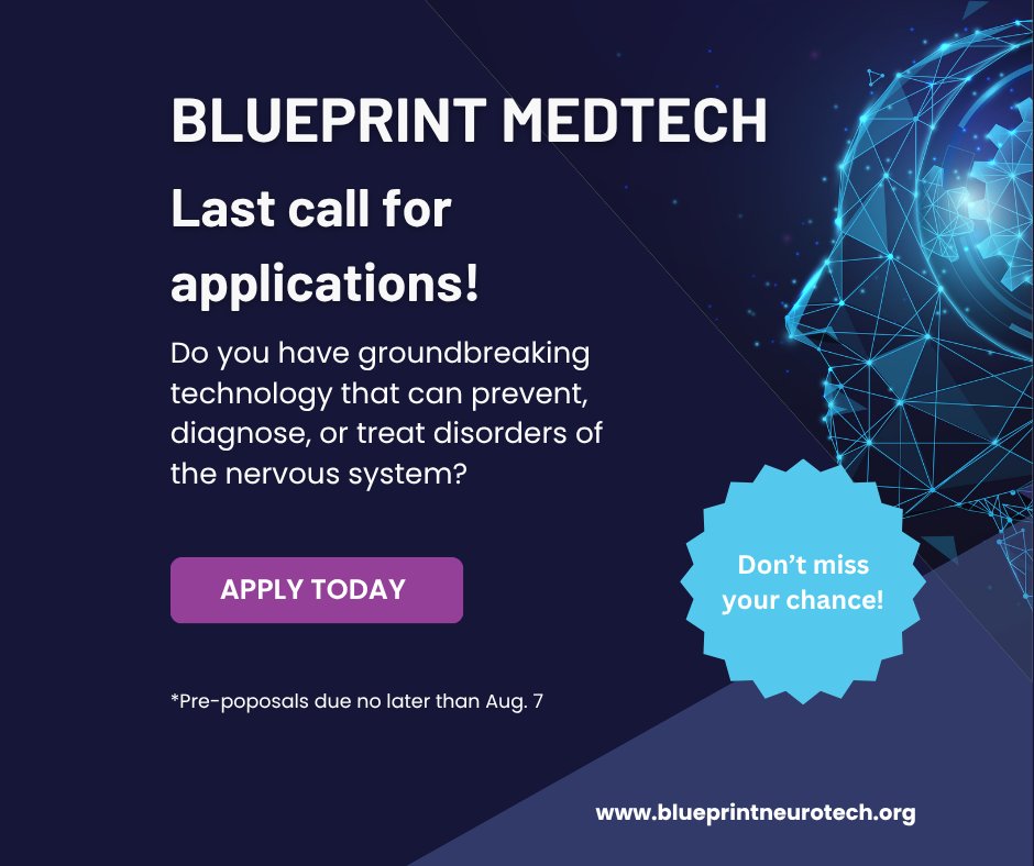 Cimit's tweet image. 🚨 Attention #Neurotech Innovators! Now accepting proposals for #BlueprintMedTech Cycle 6!
This new two-stage opportunity for #medtech device innovators includes:
🏁 $100K Sprinter Award 
🚀 Up to $1.285M Optimizer Award 
Apply by Aug 7 ➡️ blueprintneurotech.org
#Neuroscience
