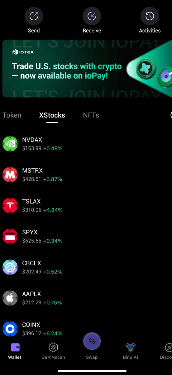 Huge update! <a href="/iopaywallet/">ioPay</a> now fully supports <a href="/xStocksFi/">xStocks</a> tickers - meaning you can seamlessly trade U.S. stocks like $NVDAX, $MSTRX, $TSLAX and on directly from your ioPay wallet using crypto! 🌟

Stock investing meets blockchain simplicity. Try it out today! 😍