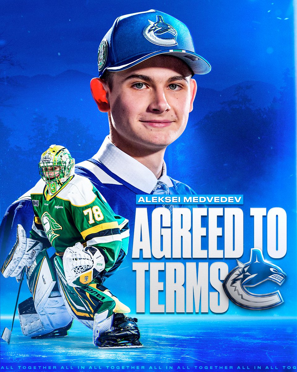 Canucks's tweet image. General Manager Patrik Allvin announced today that the #Canucks have agreed to terms with goaltender Aleksei Medvedev on a three-year, entry-level contract.
DETAILS | vancanucks.co/3GGN6Fr