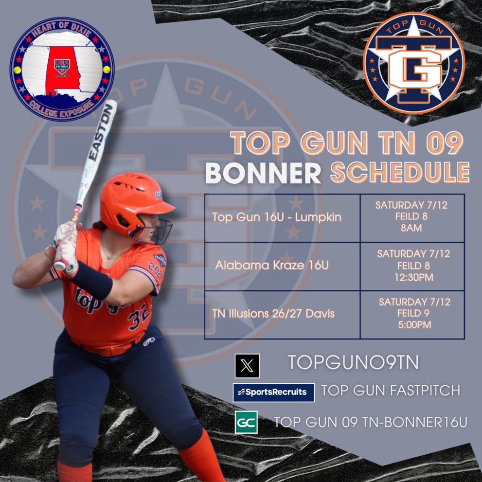 Jordan Chambers (@jord_chambers27) on Twitter photo So excited to hit the field with these girls and <a href="/TopGun09TN/">Top Gun 09 TN- Bonner</a> this weekend at the Heart of Dixie Tournament! Here is our schedule: <a href="/UTM_Softball/">UT Martin Softball</a> <a href="/WallaceStSB/">Wallace State Softball</a> So excited to hit the field with these girls and <a href="/TopGun09TN/">Top Gun 09 TN- Bonner</a> this weekend at the Heart of Dixie Tournament! Here is our schedule: <a href="/UTM_Softball/">UT Martin Softball</a> <a href="/WallaceStSB/">Wallace State Softball</a>