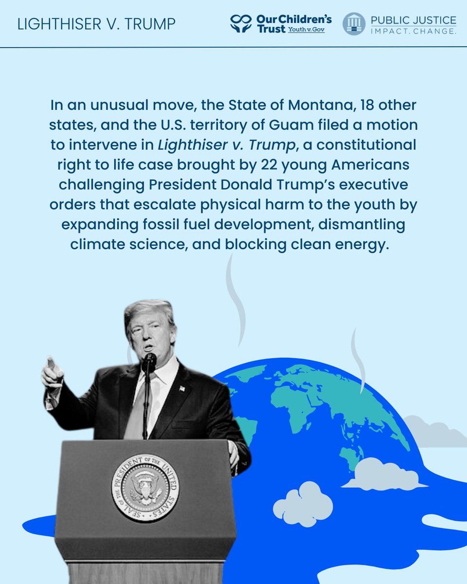 youthvgov's tweet image. Youth in Lighthiser v. Trump will head to federal court Sept. 16–17 in Missoula, MT to halt 3 Trump orders that worsen the climate crisis. This marks the first live testimony in the case. Stay tuned for how to attend + support. Learn more: ourchildrenstrust.org/lighthiser-v-t…