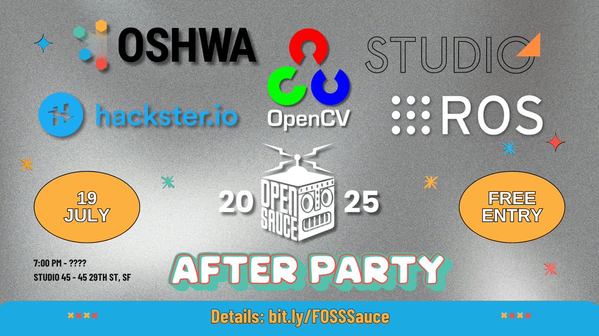 Big news for <a href="/OpenSauceLive/">Open Sauce</a> next weekend!

🤖 Find our joint booth with <a href="/oshwassociation/">OSHWA (Open Source Hardware Association)</a> &amp; @OpenCV for cool projects and stickers.

🎉 THEN, join our happy hour in SF, thanks to our friends at <a href="/Hacksterio/">Hackster.io</a> and Studio 45!

Details &amp; sign-up here: lu.ma/z9t9rtp0