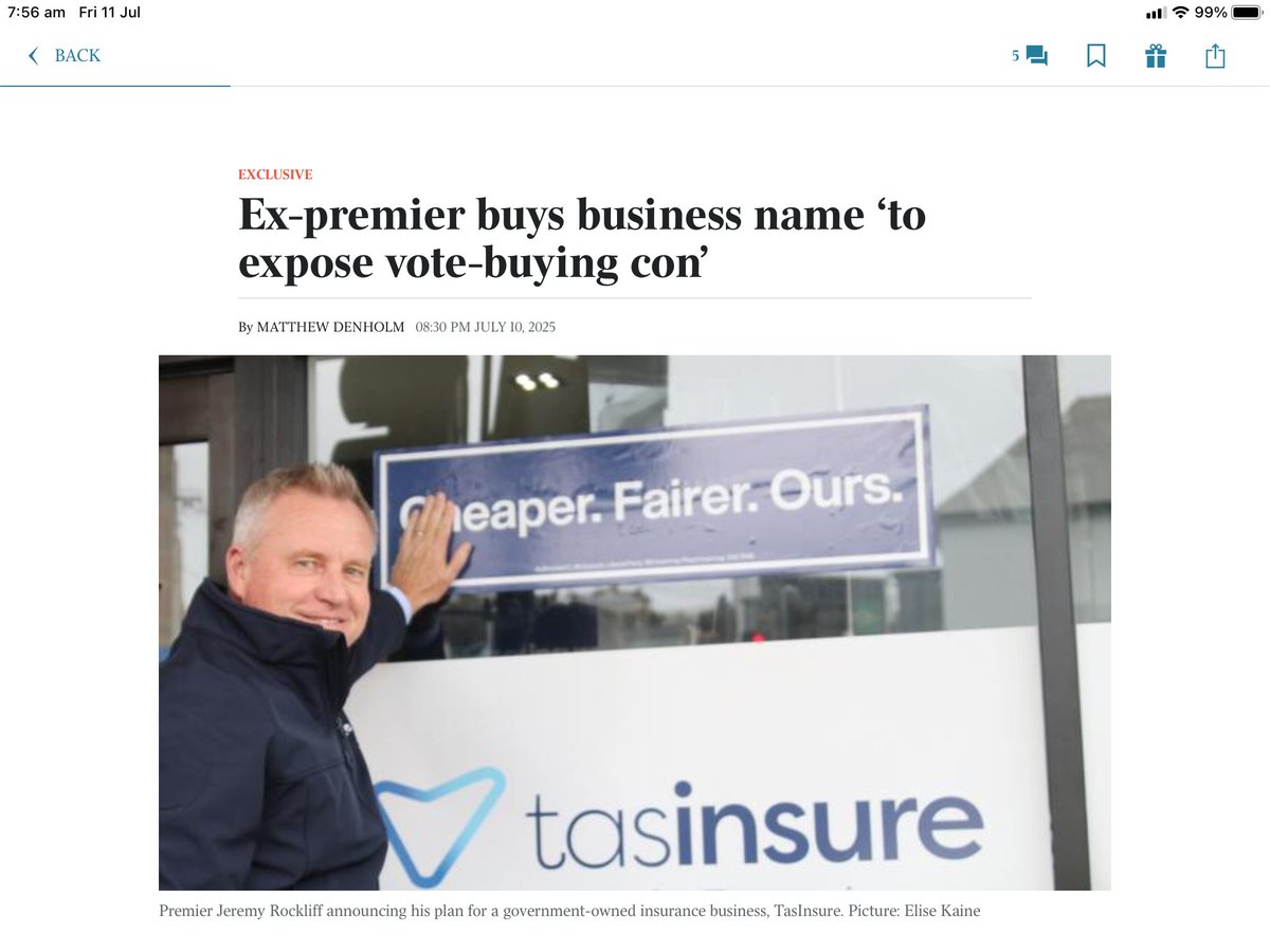 MatthewRDenholm's tweet photo. Ex-premier buys business name ‘to expose vote-buying con’ https://t.co/NIrHrt8V3D #politas #auspol #TasElection2025 #insurance https://t.co/Qr4PlMPJoy