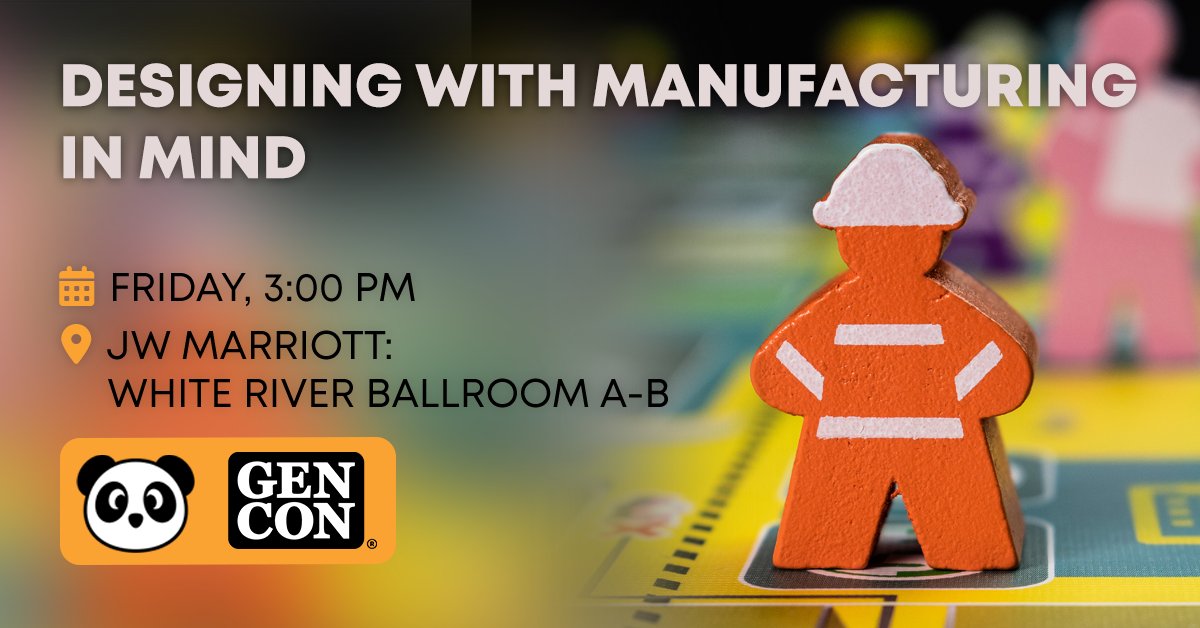 pandagm's tweet image. Our third seminar for #GenCon2025 will help you learn how to save time and money by designing with manufacturing in mind! The Panda team will show you how to consider manufacturing throughout the game design process to make it more profitable. gencon.com/events/276721