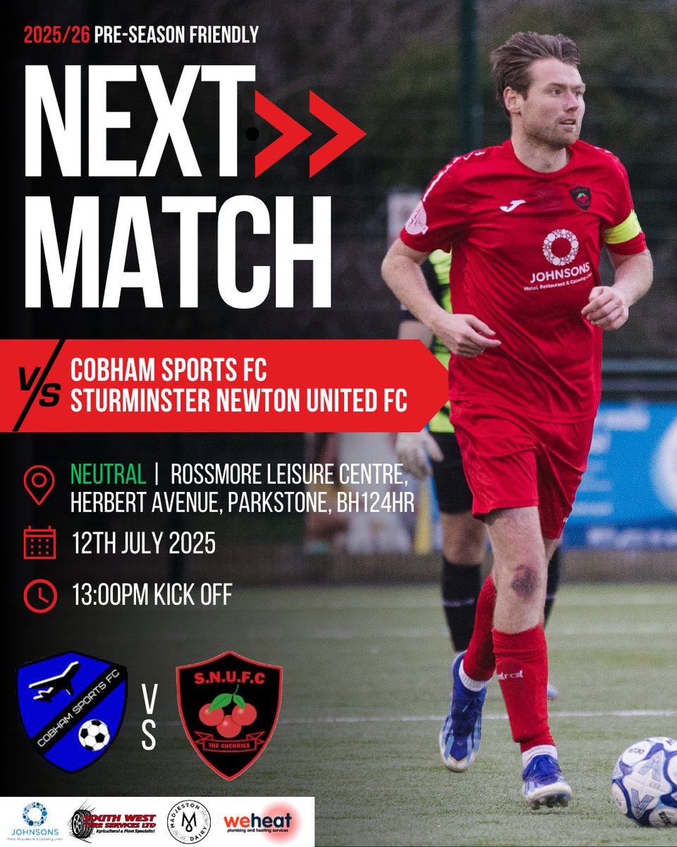 Sturminster Newton Utd FC (@sturnewutdfc) on Twitter photo -2025/26 PRE-SEASON FRIENDLY-
📅 Saturday 12th July
🆚 <a href="/CobhamSportFC/">Cobham Sports FC</a>
🏆 Pre-Season Friendly
⌚️ 13:00am Kick Off
🏟️ Rossmore Leisure Centre
📍 Herbert Avenue, Parkstone, BH12 4HR
💰 TBC
📸 connorstandfieldphotography
@stalbridgelinen
weheatsouth
madjeston_milk_station
South -2025/26 PRE-SEASON FRIENDLY-
📅 Saturday 12th July
🆚 <a href="/CobhamSportFC/">Cobham Sports FC</a>
🏆 Pre-Season Friendly
⌚️ 13:00am Kick Off
🏟️ Rossmore Leisure Centre
📍 Herbert Avenue, Parkstone, BH12 4HR
💰 TBC
📸 connorstandfieldphotography
@stalbridgelinen
weheatsouth
madjeston_milk_station
South