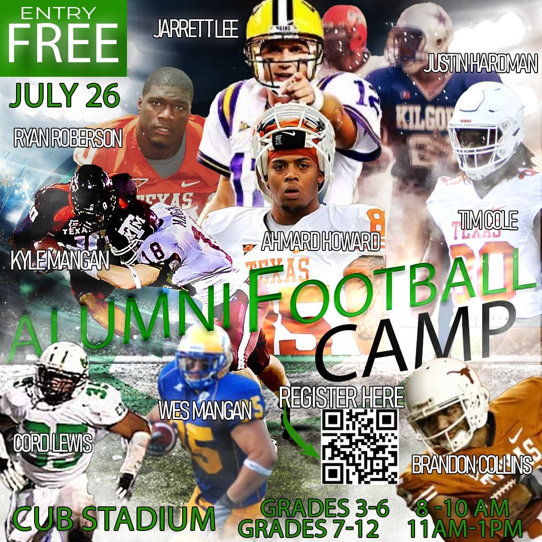 🏈 Alumni Football Camp
Calling all future Cubs! Join us for a FREE football camp hosted by Brenham Alumni!

📅 Date: July 26
📍 Location: Cub Stadium
💵 Cost: FREE
📝 Register here: tinyurl.com/s2h645f9 

Don’t miss this chance to learn from the greats &amp; sharpen your skills!