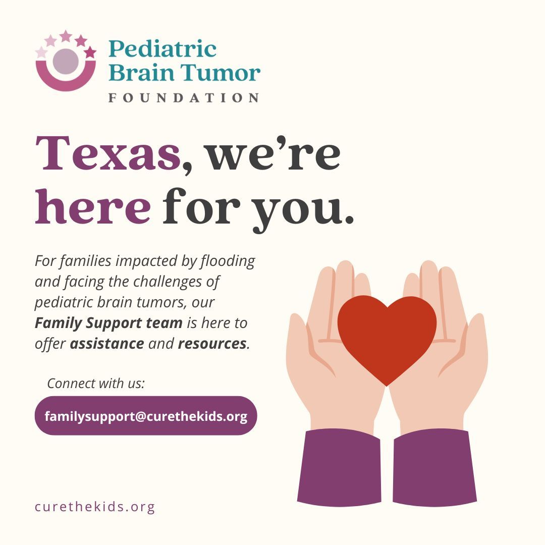 PBTF's tweet image. Our hearts go out to the families impacted by the devastating floods in Texas. Please know that PBTF is here for you. If your family has been affected, our support services are available to help you. Connect with our family support team at familysupport@curethekids.org or DM us.