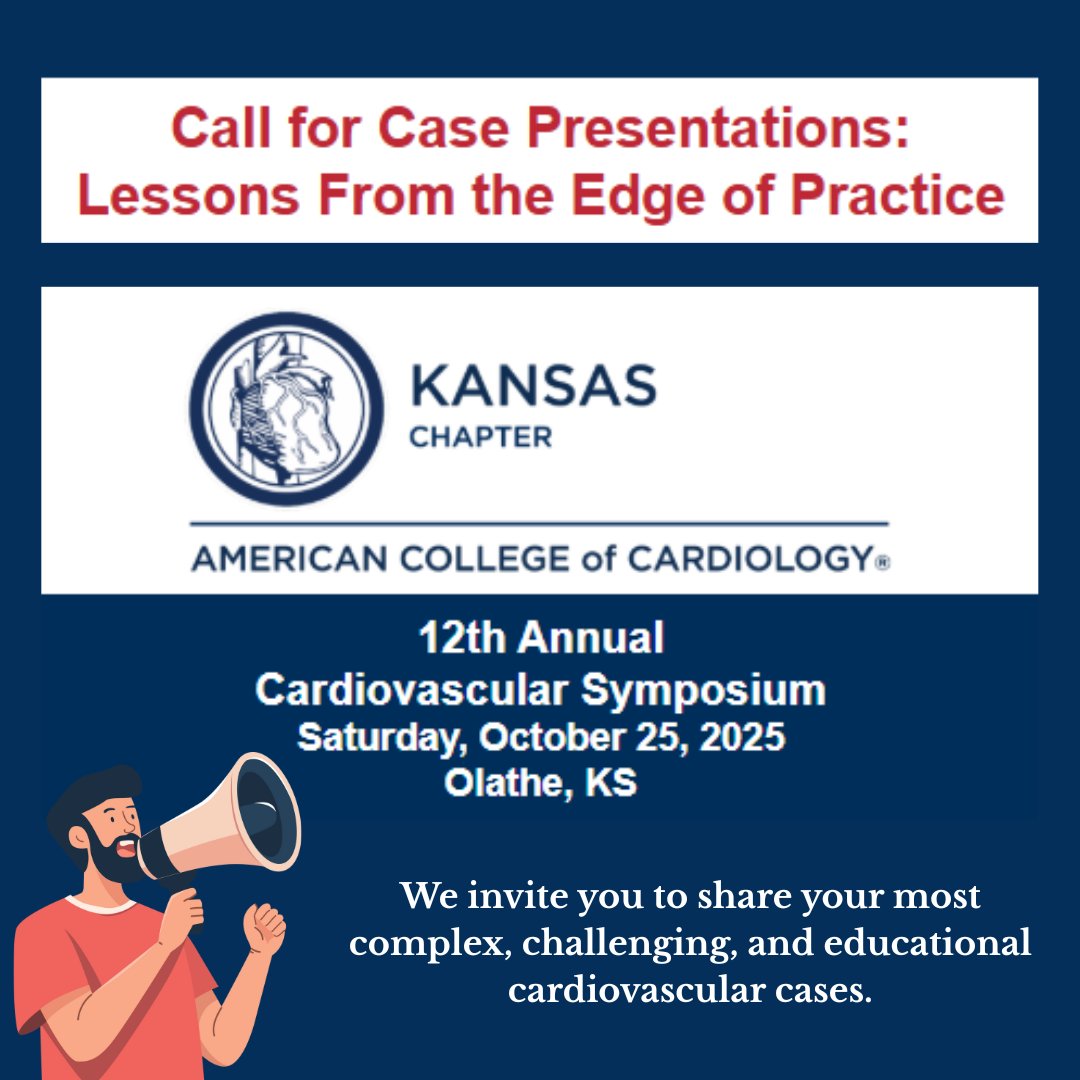KansasACC's tweet image. 📢 KSACC invites CV professionals to submit complex cases for the 12th Annual Cardiovascular Symposium 🫀
📅 Oct 25, 2025 | 📍 Olathe, KS
Submit your case: ow.ly/SiXJ50WnHlZ
#KSACC #Cardiology #CasePresentation