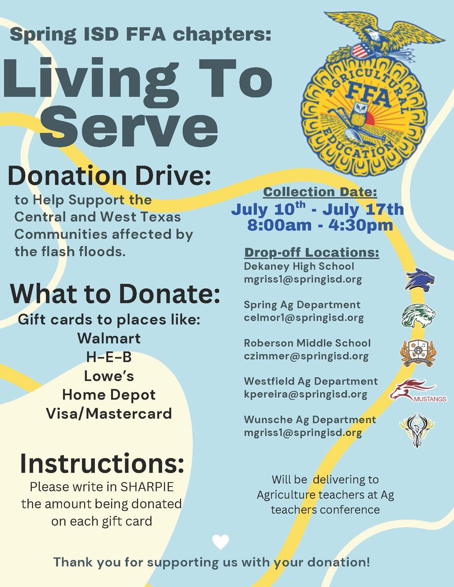 Eudora O’Brien (@eudoraobrien) on Twitter photo Spring ISD FFA Chapters are joining hands with Texas FFA to collect donations of gift cards to go to Flood Victim Relief. Our thoughts and prayers continue to go out to all affected by the recent flooding. <a href="/SpringISD_CTE/">SpringISD_CTE</a> Spring ISD FFA Chapters are joining hands with Texas FFA to collect donations of gift cards to go to Flood Victim Relief. Our thoughts and prayers continue to go out to all affected by the recent flooding. <a href="/SpringISD_CTE/">SpringISD_CTE</a>