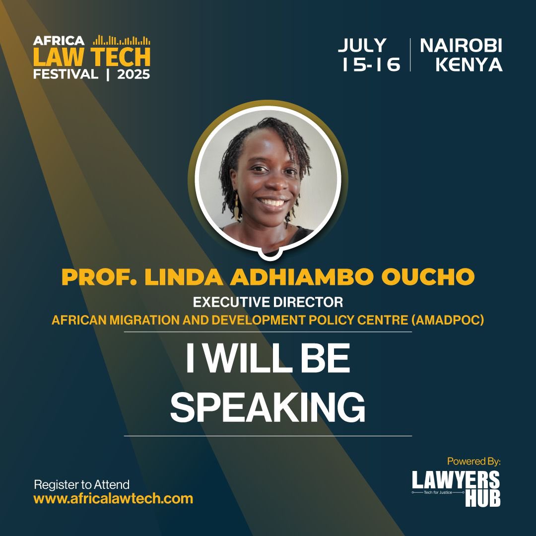 AfricaLawTech's tweet image. Prof. Linda Oucho – Executive Director AMADPOC
We’re excited to have her on the Visa &amp;amp; Migration In Africa Panel at the #AfricaLawTechFestival2025

🗓️ Happening: July 15–16
🔗 Register now: africalawtech.com

#AfricaLawTechFestival #LawyersHub #MigrationTech #AIMigration