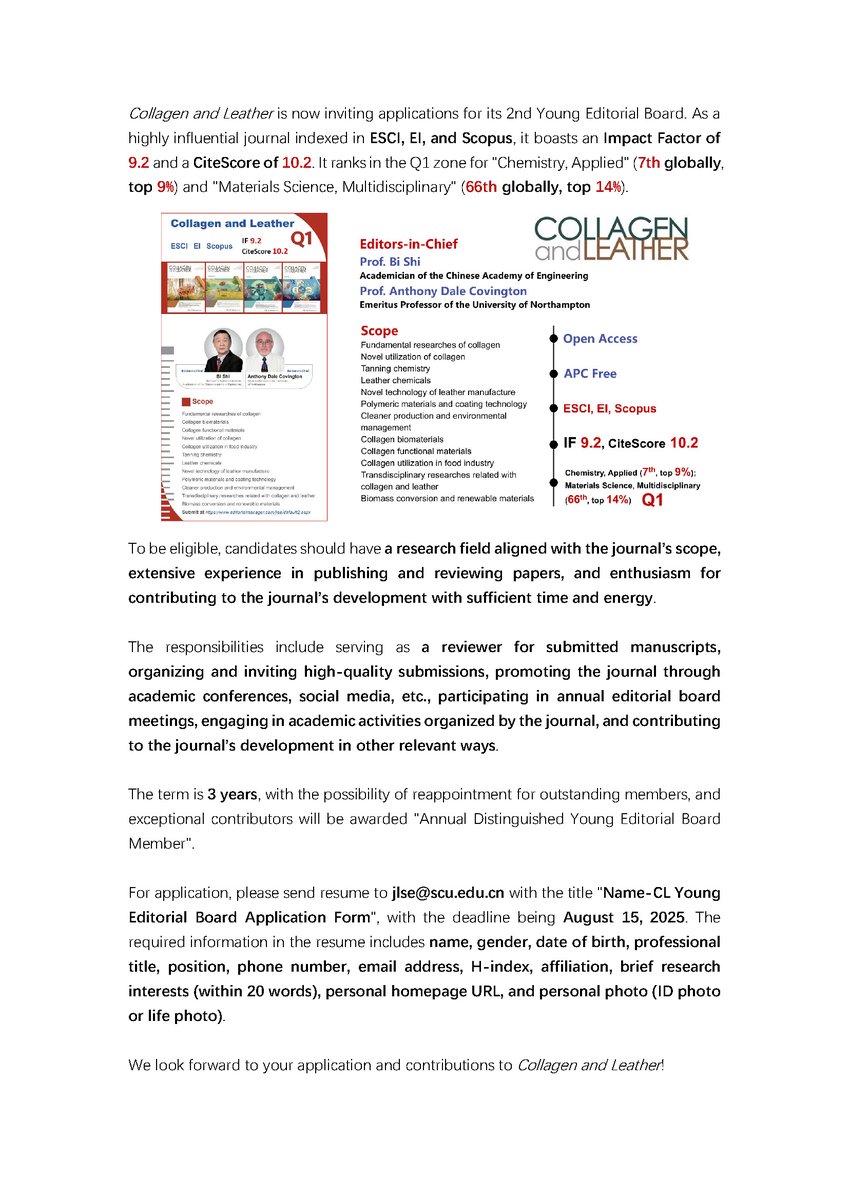 SCU_CL's tweet image. 📢Call for Applications: Young Editorial Board Members for Collagen and Leather (2nd Term)