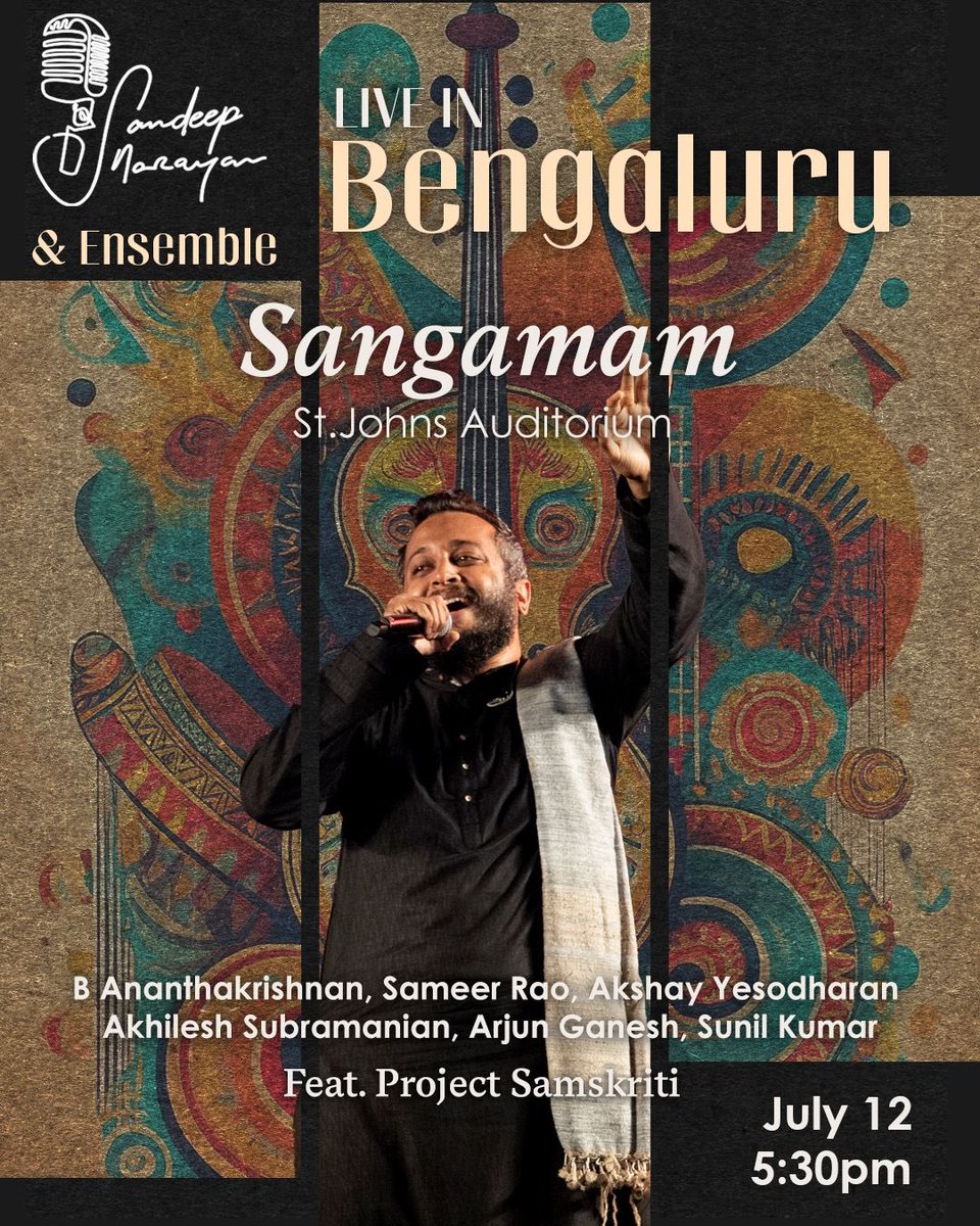 sandeepnmusic's tweet image. Join me on Saturday (July 12th) in Bengaluru for an ensemble show featuring a full team of artistes and also the wonderful children of Project Samskriti!
Tickets: in.bookmyshow.com/events/sangama…
See you there!
#SandeepNarayan #Sangamam #Bengaluru #Carnatic
