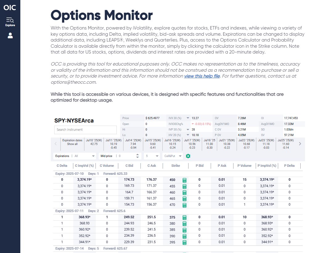 mat_cashman's tweet image. Today’s tool from @Options_Edu: The Options Monitor
View full chains across expiries. Customize with Greeks, IVs, bid/ask, and more. Even launch the Calculator or Probability tools right from the chain.
Free with login: optionseducation.org
Tool link: optionseducation.org/toolsoptionquo…