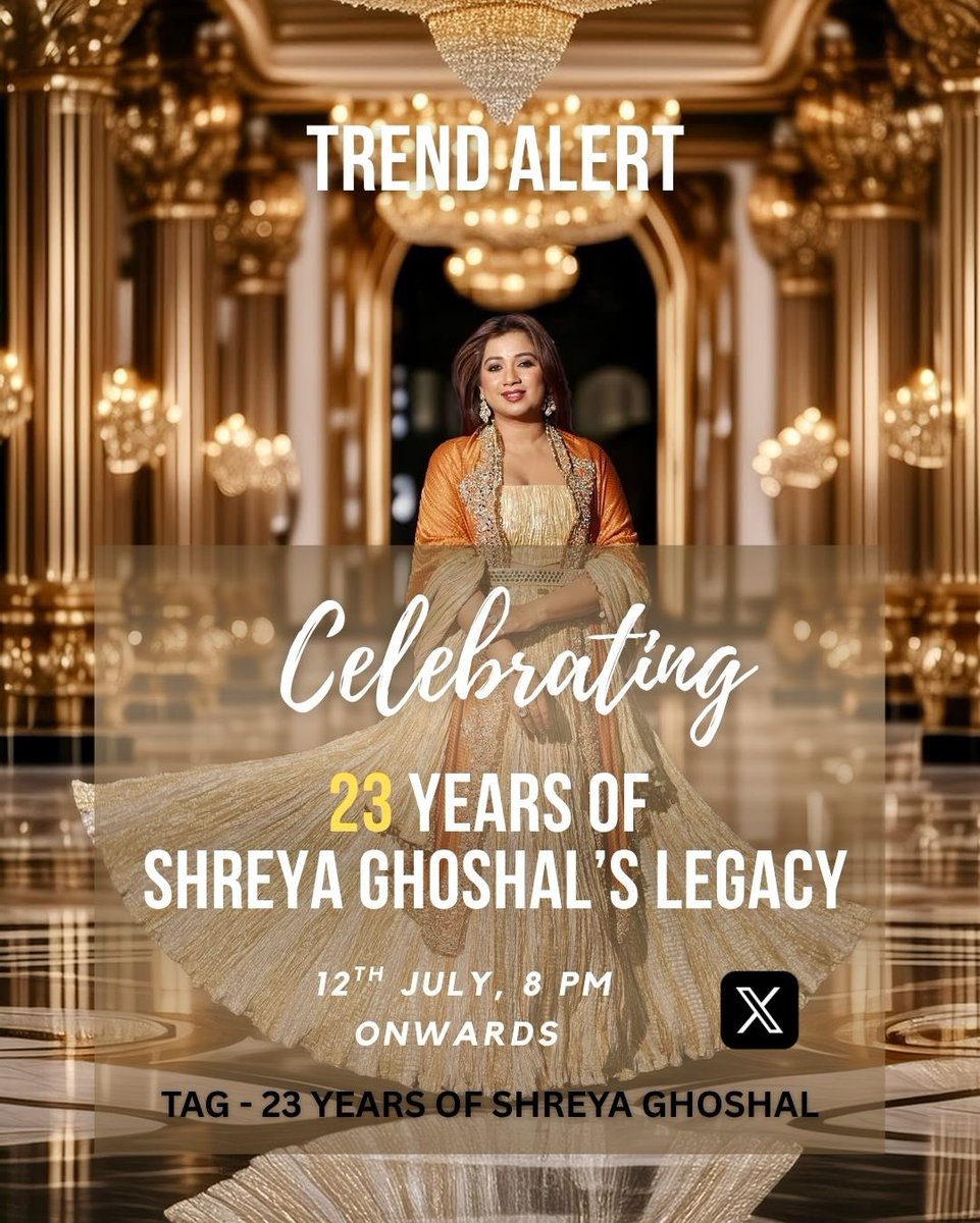 The undisputed queen of Indian music, Shreya Ghoshal completes 23 glorious years in the industry! 
Let’s come together to celebrate her incredible journey. 

Date - 12th July(tomorrow)
Time - 8PM 
Tag - 23 YEARS OF SHREYA GHOSHAL 

Spread the word!