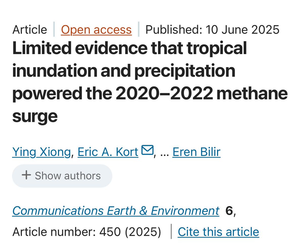 Interesting puzzle: There was a considerable surge in global Methane levels between 2020-2022 that scientists previously attributed to increased wetland flooding emissions… but this study finds wetlands were unlikely to be the cause: “This suggests the 2020–2022 growth in
