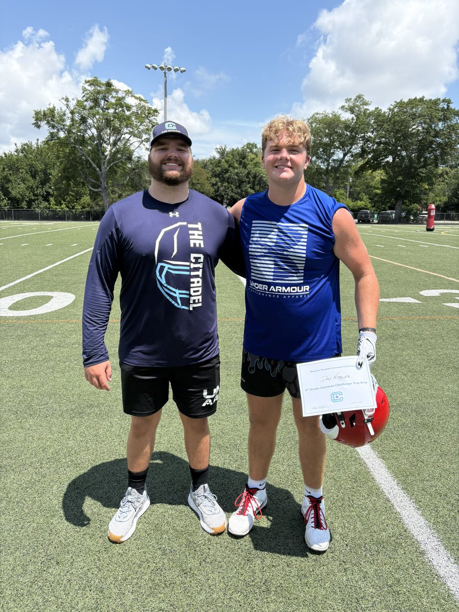 NoblesDax's tweet image. Had a great time at The Citadel Lineman Camp! Grateful for the coaching, the competition, and the chance to get better every rep. Honored to be named Top Dog of the 9th Grade Lineman Challenge! @KoachDrayton @CoachRAPinilla @CoachGuard_  @NoblesBrock  @CitadelFootball…