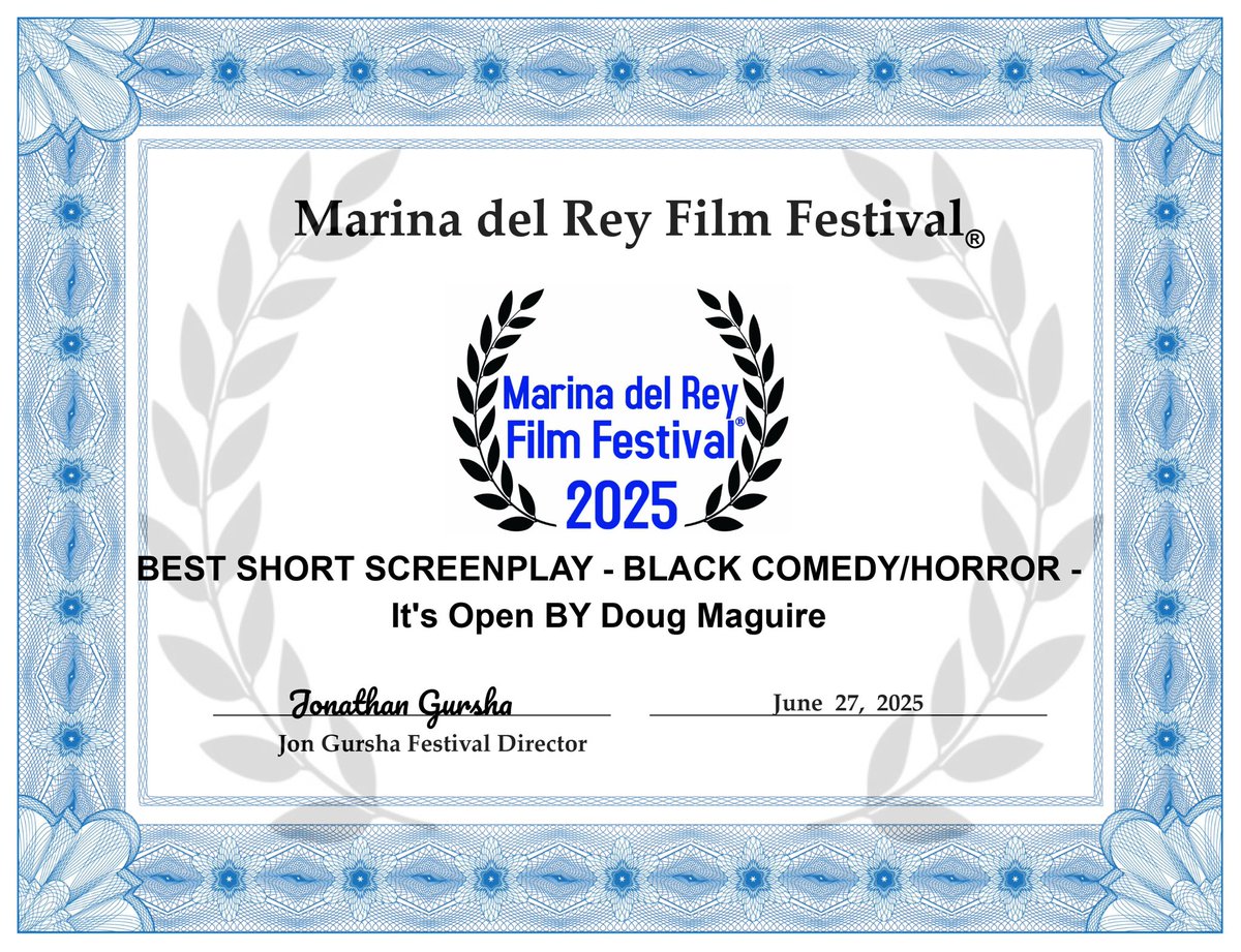 Thank you <a href="/mdrfilmfestival/">Marina del Rey Film Festival</a> for this AWESOME WINNING certificate! BEST BLACK COMEDY/HORROR!!!

I ♥️ it

<a href="/FilmFreeway/">FilmFreeway</a>

#MarinaDelReyFilmFestival #MDRFF #MarinaDelRey #FilmFestival #FilmFestivals #FilmFreeway #ThankYou