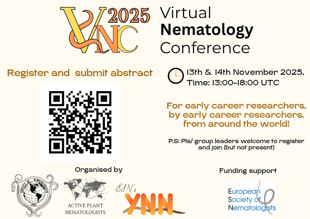 🧬 Nematodes may be small, but they are bringing us together again!
🎉 Registration is OPEN for the 2025 Virtual Nematology Conference
🗓️ Nov 13–14 | 🕐 13:00–18:00 UTC
📢 More information soon!

🔗 Register and submit your abstract: tinyurl.com/VNC2025

#VNC2025 #nematology