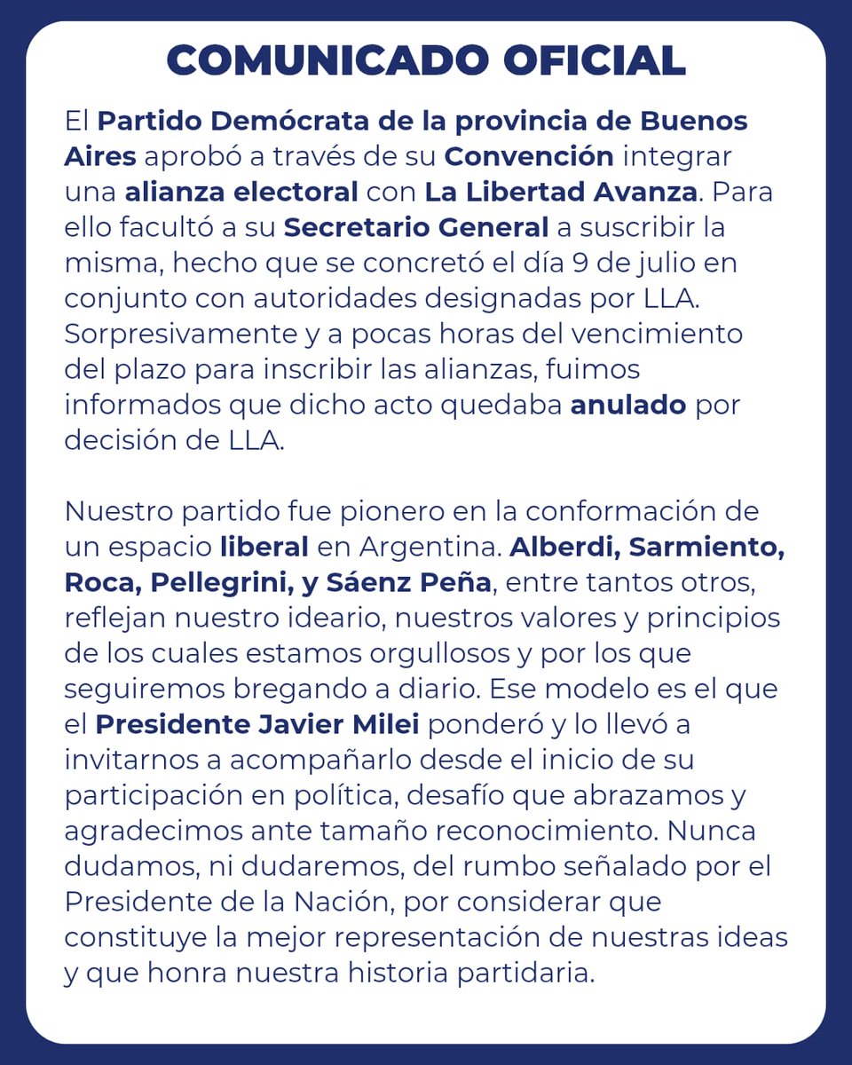 BoinaColorada's tweet photo. Comunicado Oficial del Partido Demócrata de la Provincia de Buenos Aires respecto al cierre de alianzas realizado el 9 de Julio del corriente. https://t.co/JVmz6rPkW4