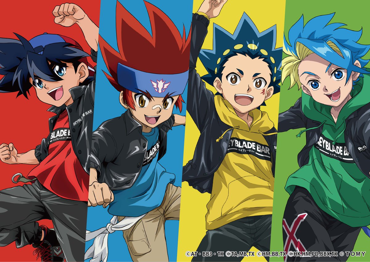 「BEYBLADE BAR TOKYO」のための描き下ろしイラストを公開！
「BEYBLADE BAR」のスポーティーで大人びたイメージの歴代主人公です。

店内では描き下ろし歴代主人公たちと写真が撮れるフォトスポットもございます。
また4人が着ているTシャツとパーカーは「BEYBLADE BAR TOKYO」で実際に購入できます！