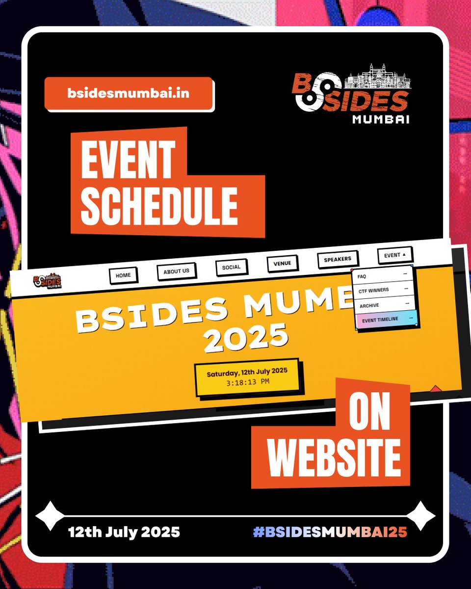 What? 🤔 When? ⏰ Where? 📍
Go check out the event schedule on our website!

📅 Date: 12th July 2025
📍 Venue: Ravindra Natya Mandir, Prabhadevi, Mumbai
🔗 bsidesmumbai.in

#BSidesMumbai  #BSidesMumbai25  #Cybersecurity  #BugBounty  #HackerCommunity  #InfoSecIndia