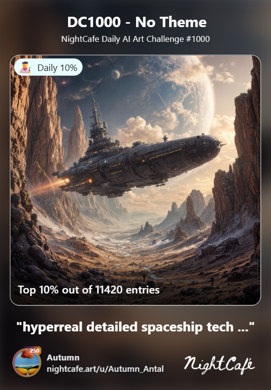 Autumn_Antal's tweet photo. Amazed! Won Top 10% in the @NightcafeStudio #DC1000 out of 11,420 entries and 692,769 votes. Thanks for the support, friends. [:) #AIart 🚀✨ https://t.co/U4lS5XwR2e
