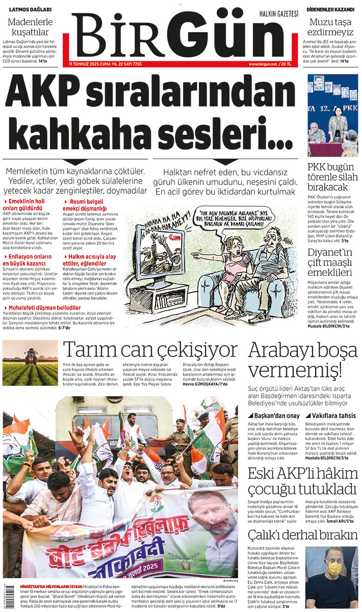 AKP sıralarından kahkaha sesleri...

Memleketin tüm kaynaklarına çöktüler. Yediler, içtiler, yedi göbek sülalelerine yetecek kadar zenginleştiler, doymadılar. Halktan nefret eden, bu vicdansız güruh ülkenin umudunu, neşesini çaldı

birgun.net/haber/bir-kahk…

Bugünün BirGün’ü